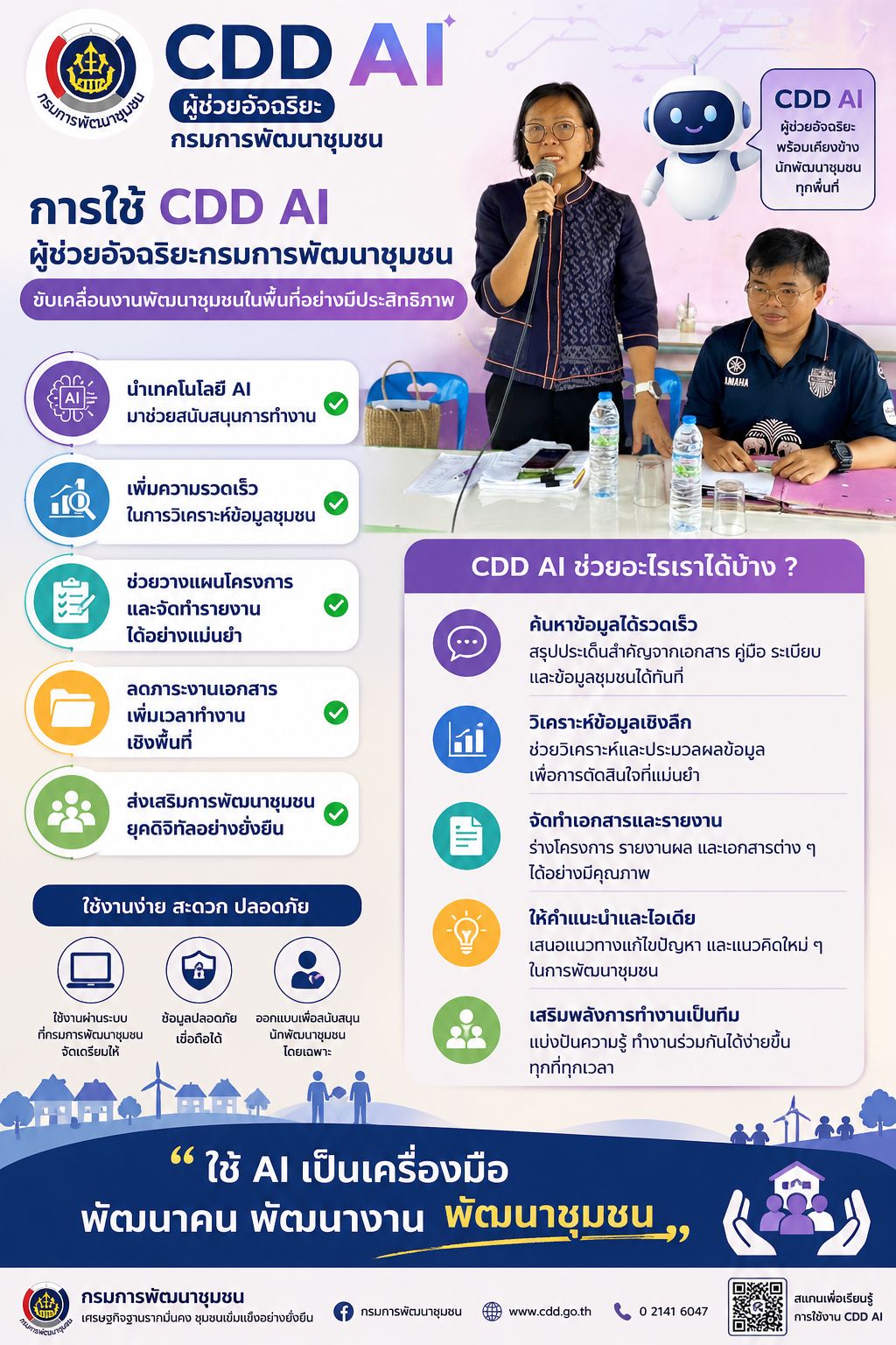 อำเภอประโคนชัยจัดทำสื่อประชาสัมพันธ์ระบบ CDD AI ผู้ช่วยอัจฉริยะด้านพัฒนาชุมชน  CDD AI ผู้ช่วยอัจฉริยะด้านพัฒนาชุมชน ระบบช่วยวิเคราะห์และประมวลผล ข้อมูล Big Data กรมการพัฒนาชุมชน ที่ถูกต้อง แม่นยำ และทันสมัย ใช้งานง่าย ในคลิกเดียว